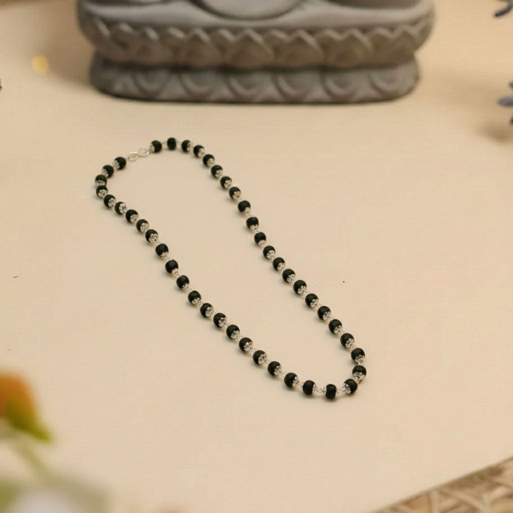 Silver Karungali Mala – 6.5mm | 54 Beads | 22 Inches – Premium Spiritual Protection Mala